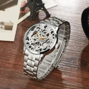 Gorben Gold/Silver Skeleton Mechanical Watch Fashion Business Mens Wristwatch Stainless Steel Male Watch Sports Wrist Watches