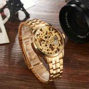 Gorben Gold/Silver Skeleton Mechanical Watch Fashion Business Mens Wristwatch Stainless Steel Male Watch Sports Wrist Watches