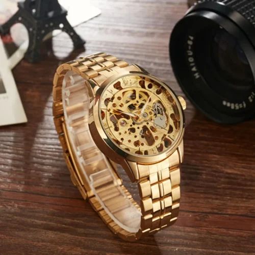 kf-H6868d5f501424ad38ebaad8b212f6bd41 Gorben Gold/Silver Skeleton Mechanical Watch Fashion Business Mens Wristwatch Stainless Steel Male Watch Sports Wrist Watches