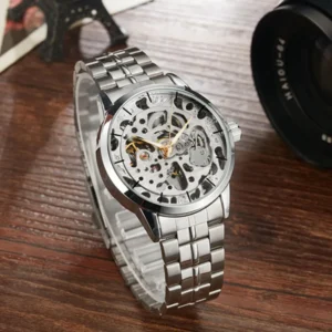 Gorben Gold/Silver Skeleton Mechanical Watch Fashion Business Mens Wristwatch Stainless Steel Male Watch Sports Wrist Watches
