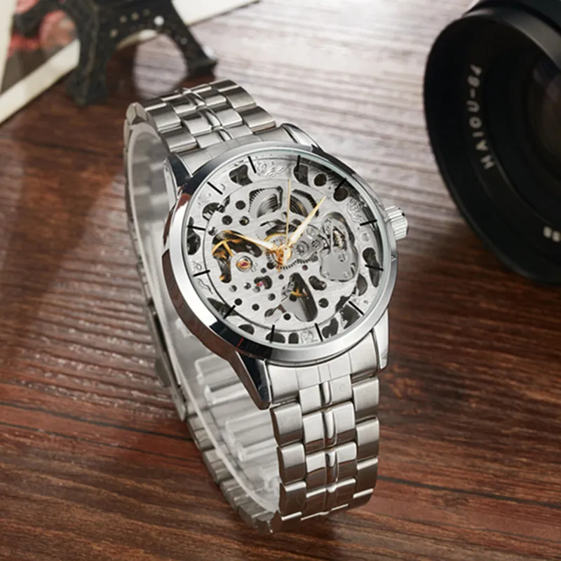 Gorben Gold/Silver Skeleton Mechanical Watch Fashion Business Mens Wristwatch Stainless Steel Male Watch Sports Wrist Watches