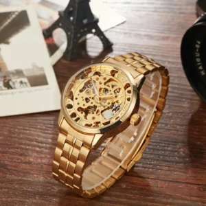 Gorben Gold/Silver Skeleton Mechanical Watch Fashion Business Mens Wristwatch Stainless Steel Male Watch Sports Wrist Watches