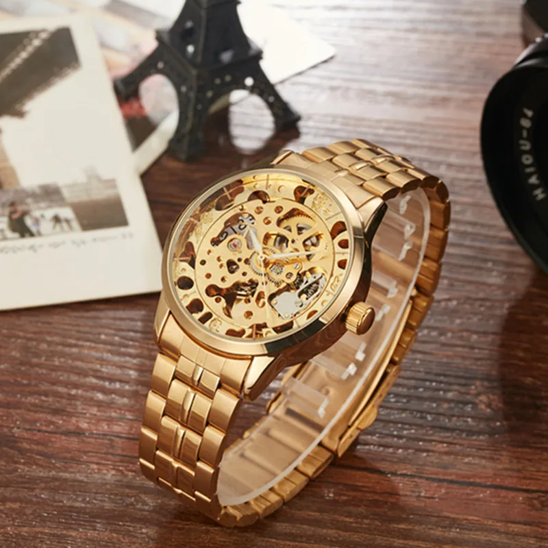 Gorben Gold/Silver Skeleton Mechanical Watch Fashion Business Mens Wristwatch Stainless Steel Male Watch Sports Wrist Watches