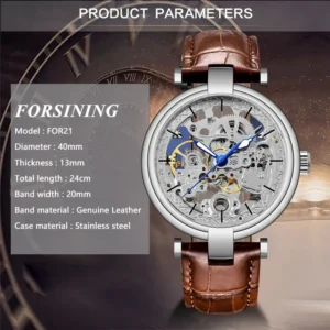 FORSINING Mens Watches Top Brand Luxury Auto Mechanical Hollow Dial Carved Deisgn Brown Leather Strap Fashion Dress Wristwatches