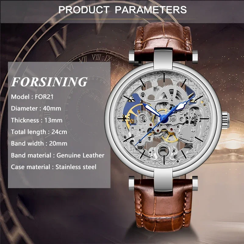 FORSINING Mens Watches Top Brand Luxury Auto Mechanical Hollow Dial Carved Deisgn Brown Leather Strap Fashion Dress Wristwatches