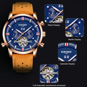 kf-S12571e82849b439495f821eaf3cb3ebdK KINYUED Men's Watch Classic Hollow Skeleton Tourbillon Mechanical Watch For Men Date Waterproof Leather Dress Wristwatch Mens