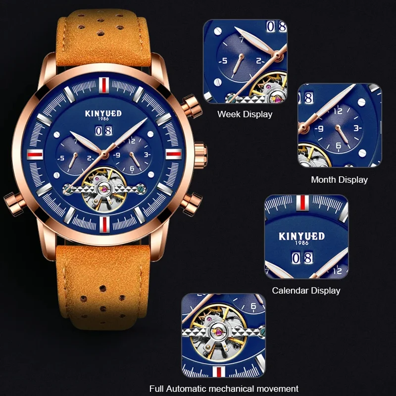 kf-S12571e82849b439495f821eaf3cb3ebdK KINYUED Men's Watch Classic Hollow Skeleton Tourbillon Mechanical Watch For Men Date Waterproof Leather Dress Wristwatch Mens