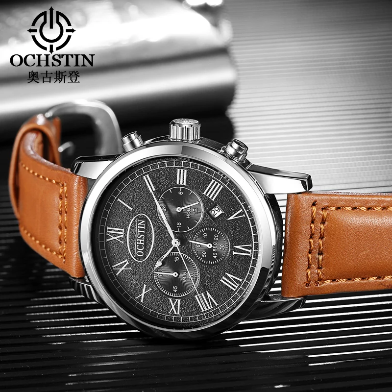 OCHSTIN Multifunctional Quartz Watch for Men Genuine Leather Strap Watches Man Chronograph Date Clock Fashion Business Male