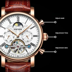 KINYUED Brand Luxury Tourbillon Watch Men Leather Strap Business Fashion Automatic Mechanical Watches For Men Waterproof Clock