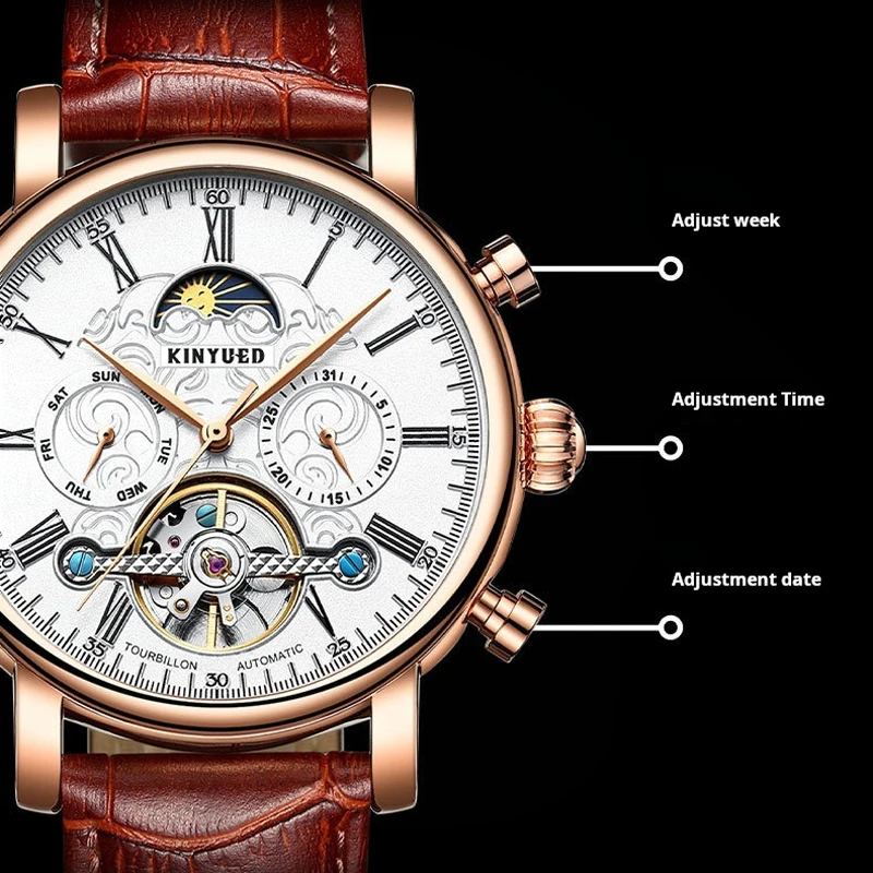 KINYUED Brand Luxury Tourbillon Watch Men Leather Strap Business Fashion Automatic Mechanical Watches For Men Waterproof Clock