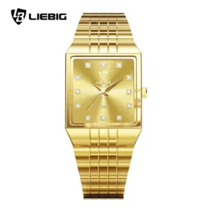 LIEBIG Luxury Diamond Gold Quartz Watch for Men Square Steel Strap Couple's Watches for Male Fashion Accessory Reloj Hombre