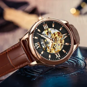 kf-S1f21d433332b4d1cb692bb0c8c063d52f Fashion Hollow Engraving Black Golden Case Leather Skeleton Mechanical Watches Men Luxury Brand Automatic Watch Heren Horloge