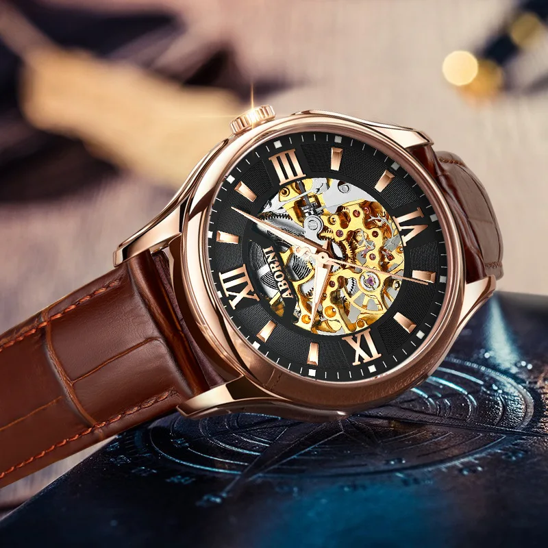 kf-S1f21d433332b4d1cb692bb0c8c063d52f Fashion Hollow Engraving Black Golden Case Leather Skeleton Mechanical Watches Men Luxury Brand Automatic Watch Heren Horloge