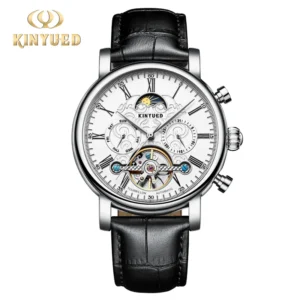 KINYUED Brand Luxury Tourbillon Watch Men Leather Strap Business Fashion Automatic Mechanical Watches For Men Waterproof Clock