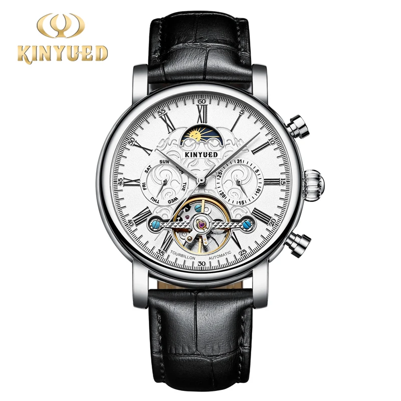 KINYUED Brand Luxury Tourbillon Watch Men Leather Strap Business Fashion Automatic Mechanical Watches For Men Waterproof Clock