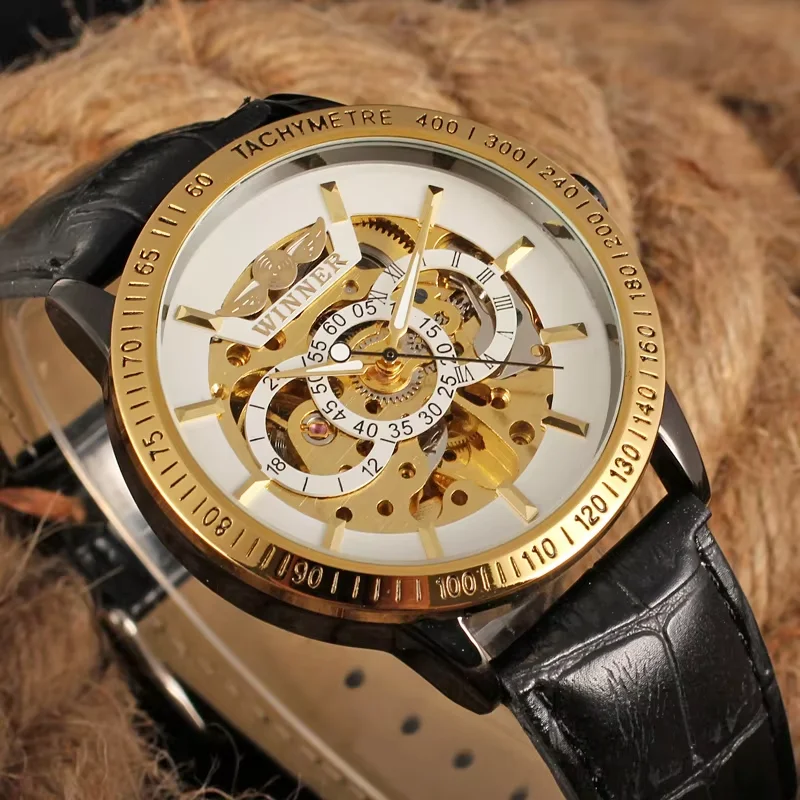 kf-S23dbda7ac4b54e628424bfa9720269d1k T-winner Mechanical watch Bar scale three rings hollow mechanical watch Men's Watch Round Dial Automatic mechanical watch Gold w