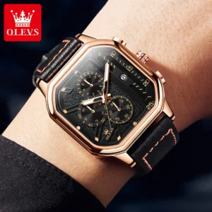 kf-S29f06b6a16a54722b5a640032b50b008N OLEVS Fashion Square Quartz Watch for Men Leather Strap Waterproof Calendar Mens Watches Top Brand Luxury Chronograph Wristwatch