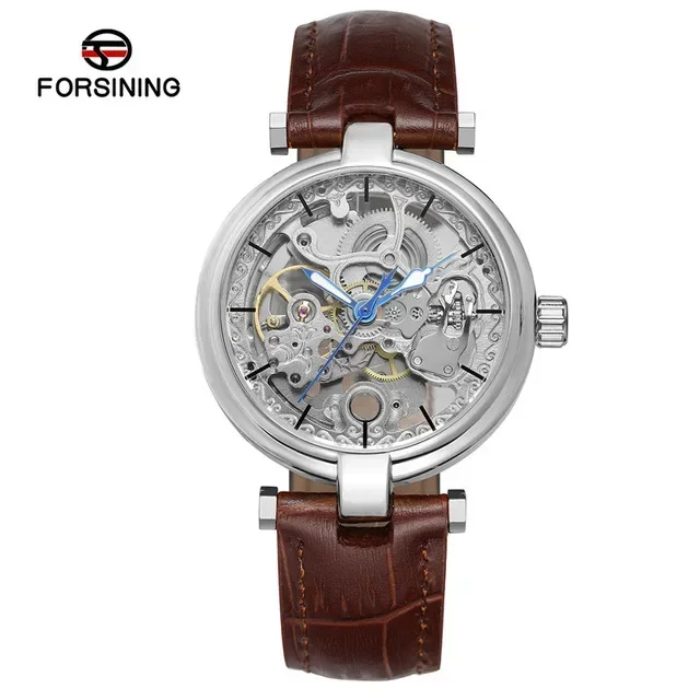 FORSINING Mens Watches Top Brand Luxury Auto Mechanical Hollow Dial Carved Deisgn Brown Leather Strap Fashion Dress Wristwatches