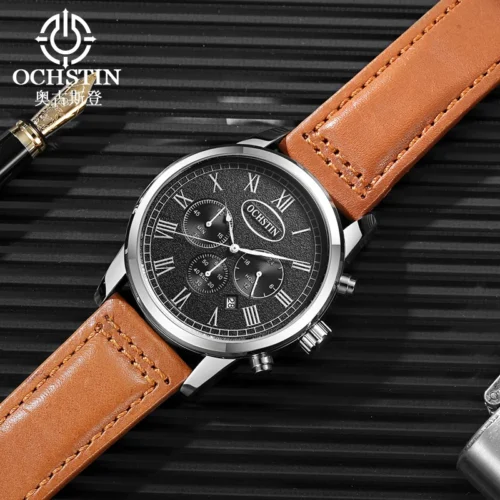 kf-S3ae1710d850d463c83ecb029a1d45cc6F OCHSTIN Multifunctional Quartz Watch for Men Genuine Leather Strap Watches Man Chronograph Date Clock Fashion Business Male