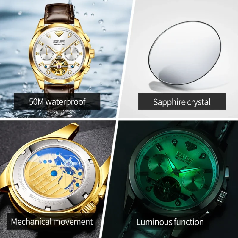 kf-S3c6c5f31faf54be0b9441627e327c802z WEIBAOLONG 3806 Automatic Mechanical Men's Watch Multifunctional Flywheel Dial Waterproof Luminous Watch Real Diamond Watches