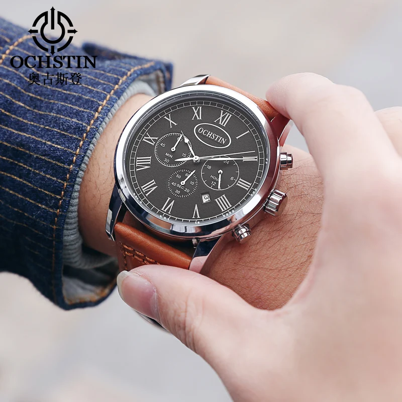 OCHSTIN Multifunctional Quartz Watch for Men Genuine Leather Strap Watches Man Chronograph Date Clock Fashion Business Male