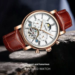 KINYUED Brand Luxury Tourbillon Watch Men Leather Strap Business Fashion Automatic Mechanical Watches For Men Waterproof Clock