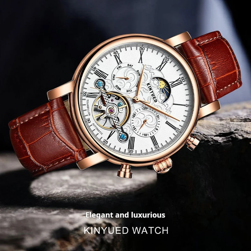 KINYUED Brand Luxury Tourbillon Watch Men Leather Strap Business Fashion Automatic Mechanical Watches For Men Waterproof Clock
