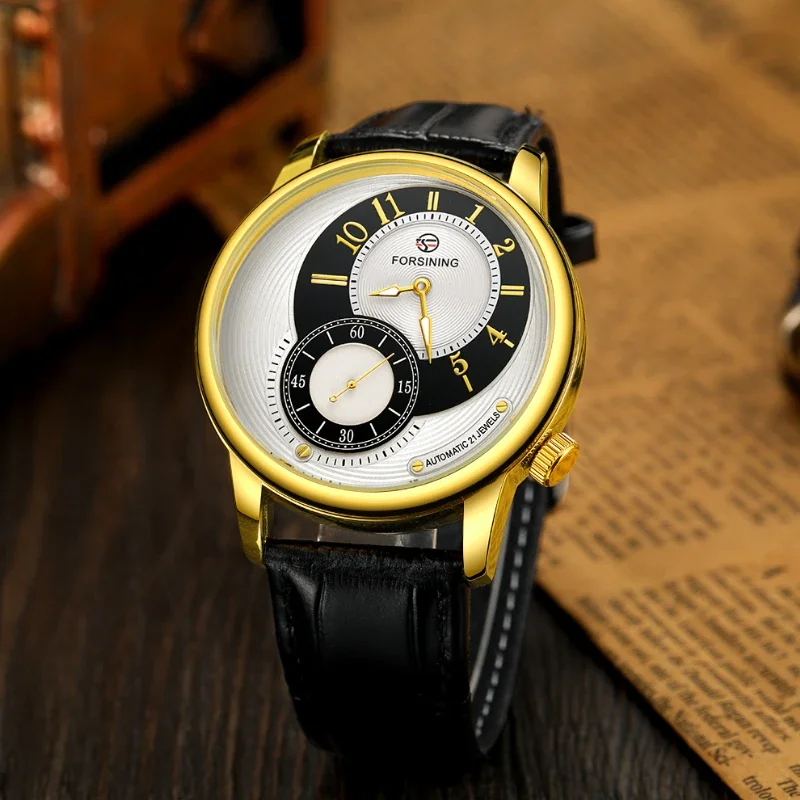 kf-S538292fc275f4a95b5ccc00f701e341cy FORSINING 8226 New Automatic Movement Two Dial Waterproof Luminous Leather Fashion Mechanical Watches for Man Reloj Hombre
