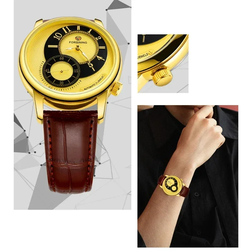 kf-S7277daf6df7042e7b4488e0ef72c56e9L FORSINING 8226 New Automatic Movement Two Dial Waterproof Luminous Leather Fashion Mechanical Watches for Man Reloj Hombre