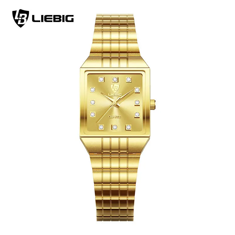 LIEBIG Luxury Diamond Gold Quartz Watch for Men Square Steel Strap Couple's Watches for Male Fashion Accessory Reloj Hombre