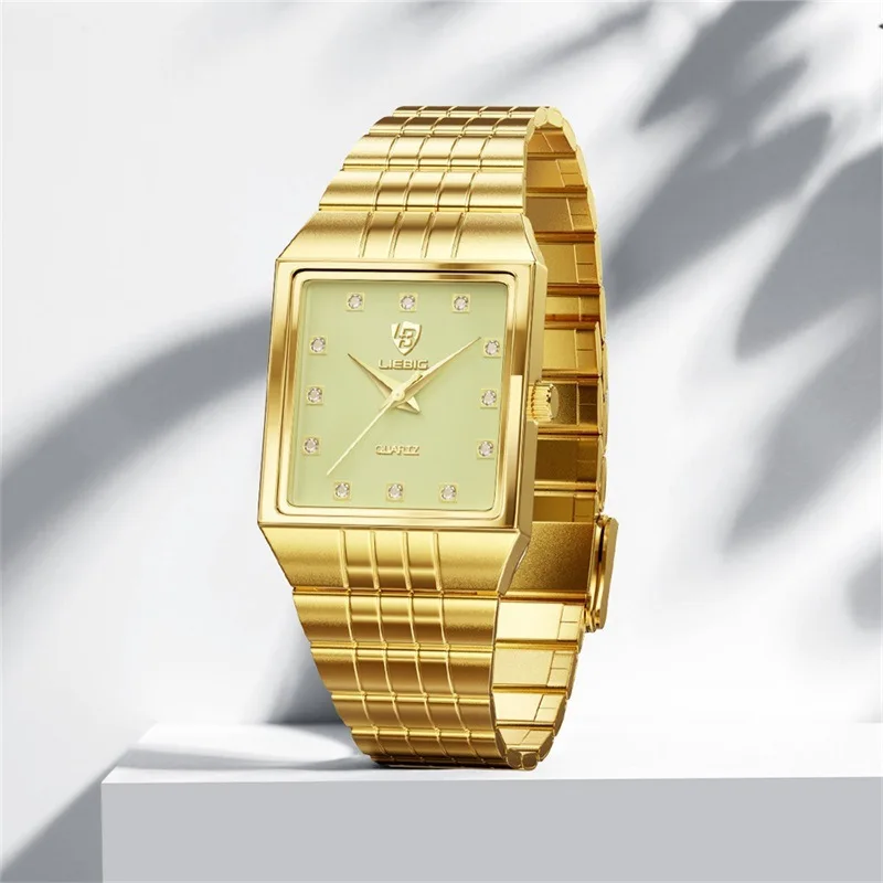 LIEBIG Luxury Diamond Gold Quartz Watch for Men Square Steel Strap Couple's Watches for Male Fashion Accessory Reloj Hombre