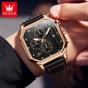 kf-S7ed59791442640299bb7f14392b5cc41w OLEVS Fashion Square Quartz Watch for Men Leather Strap Waterproof Calendar Mens Watches Top Brand Luxury Chronograph Wristwatch