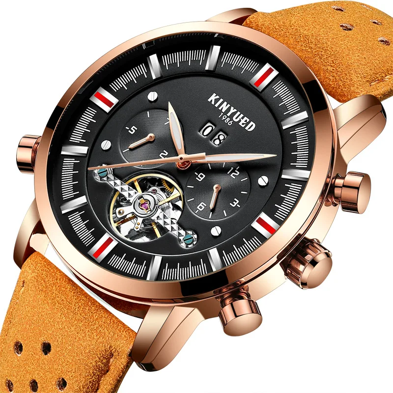 kf-S8bd3466829f74922b9b153c41c0710009 KINYUED Men's Watch Classic Hollow Skeleton Tourbillon Mechanical Watch For Men Date Waterproof Leather Dress Wristwatch Mens