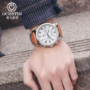 OCHSTIN Multifunctional Quartz Watch for Men Genuine Leather Strap Watches Man Chronograph Date Clock Fashion Business Male
