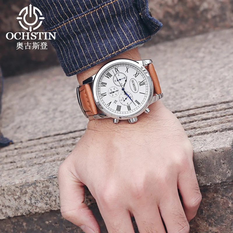 OCHSTIN Multifunctional Quartz Watch for Men Genuine Leather Strap Watches Man Chronograph Date Clock Fashion Business Male