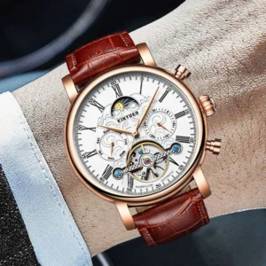 KINYUED Brand Luxury Tourbillon Watch Men Leather Strap Business Fashion Automatic Mechanical Watches For Men Waterproof Clock