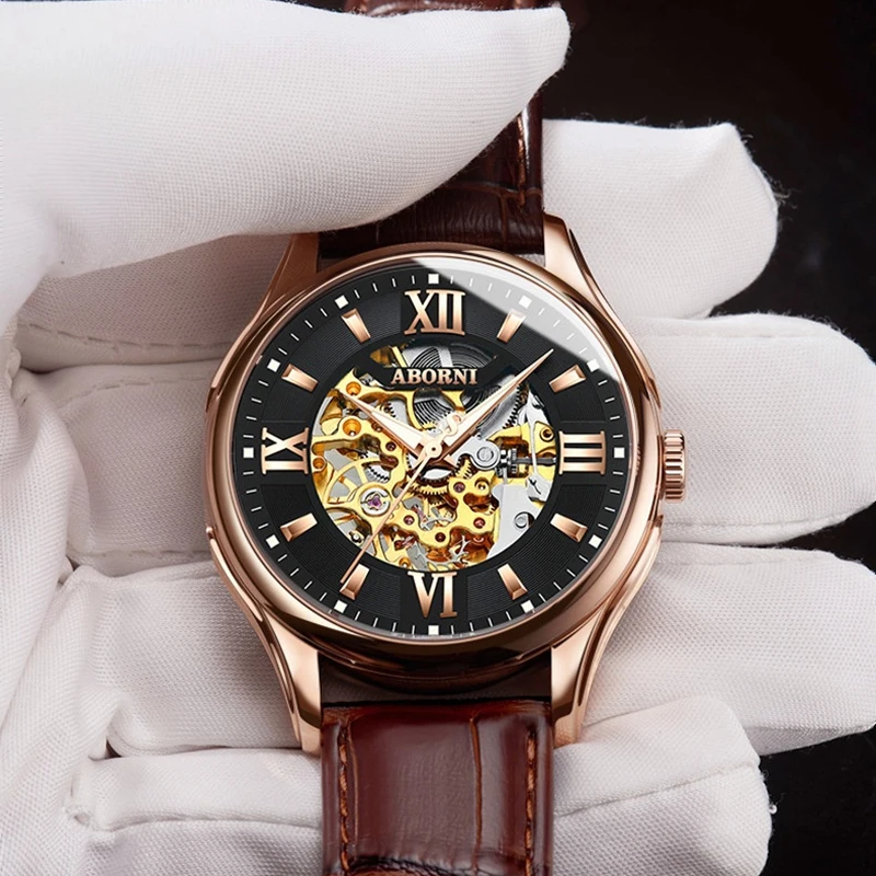 kf-S9567ed51e7c542f8acfd4b595f0b175b8 Fashion Hollow Engraving Black Golden Case Leather Skeleton Mechanical Watches Men Luxury Brand Automatic Watch Heren Horloge