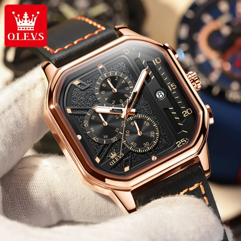 kf-Sb1c4eacc01fd4a8faab5499db1f5184e5 OLEVS Fashion Square Quartz Watch for Men Leather Strap Waterproof Calendar Mens Watches Top Brand Luxury Chronograph Wristwatch