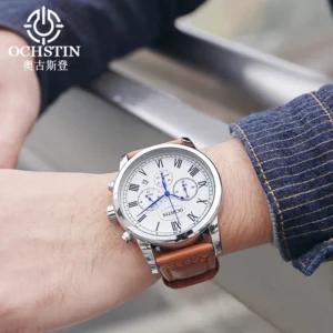 OCHSTIN Multifunctional Quartz Watch for Men Genuine Leather Strap Watches Man Chronograph Date Clock Fashion Business Male