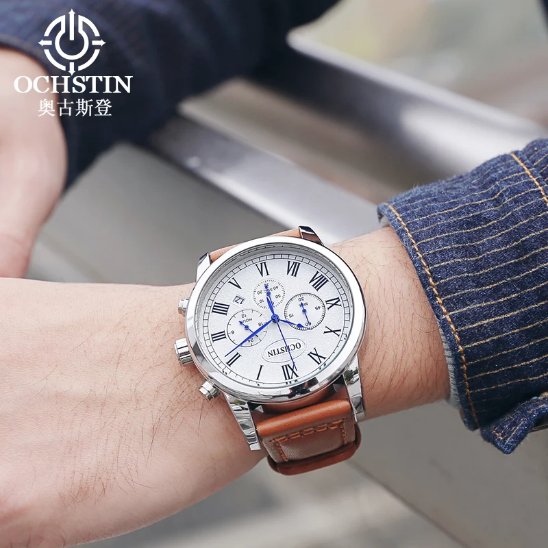 OCHSTIN Multifunctional Quartz Watch for Men Genuine Leather Strap Watches Man Chronograph Date Clock Fashion Business Male