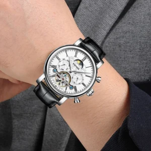 KINYUED Brand Luxury Tourbillon Watch Men Leather Strap Business Fashion Automatic Mechanical Watches For Men Waterproof Clock