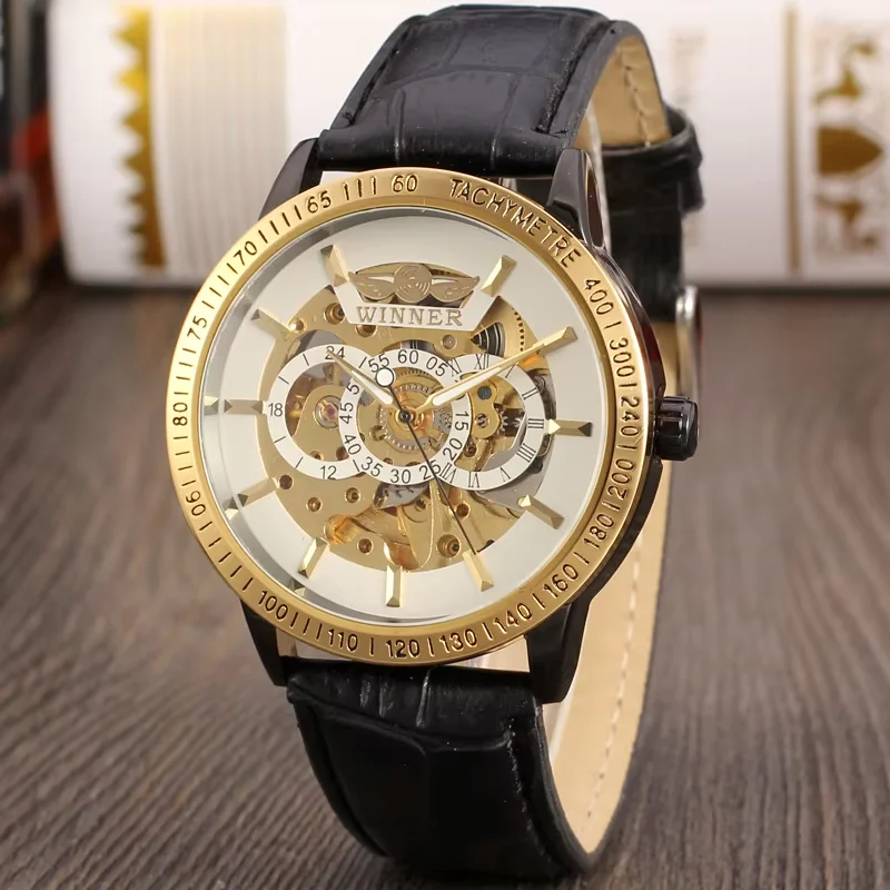 kf-Sc4f50ae5584d4a729395997f27759a50W T-winner Mechanical watch Bar scale three rings hollow mechanical watch Men's Watch Round Dial Automatic mechanical watch Gold w