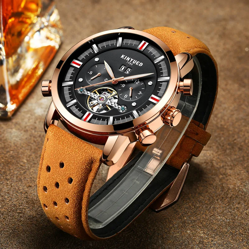 kf-Sc899ae8a04e34f16b263e88d8850dbe2q KINYUED Men's Watch Classic Hollow Skeleton Tourbillon Mechanical Watch For Men Date Waterproof Leather Dress Wristwatch Mens