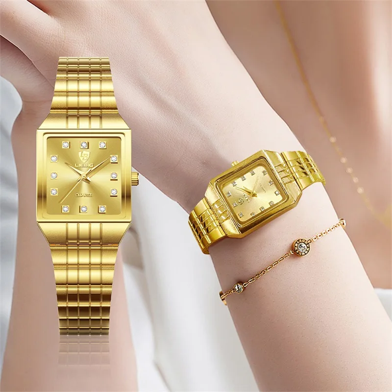 LIEBIG Luxury Diamond Gold Quartz Watch for Men Square Steel Strap Couple's Watches for Male Fashion Accessory Reloj Hombre
