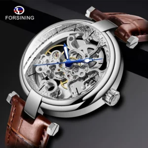 FORSINING Mens Watches Top Brand Luxury Auto Mechanical Hollow Dial Carved Deisgn Brown Leather Strap Fashion Dress Wristwatches