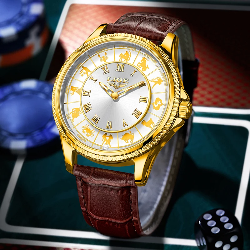 kf-Sea303f256cdc43e59842b1509852c4edo LIGE Fashion Leather Watch For Men Creative 12 Constellation Big Dial Watch Men Casual Luminous Waterproof Quartz Chronograph