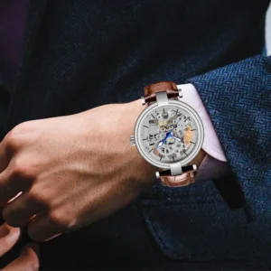 FORSINING Mens Watches Top Brand Luxury Auto Mechanical Hollow Dial Carved Deisgn Brown Leather Strap Fashion Dress Wristwatches